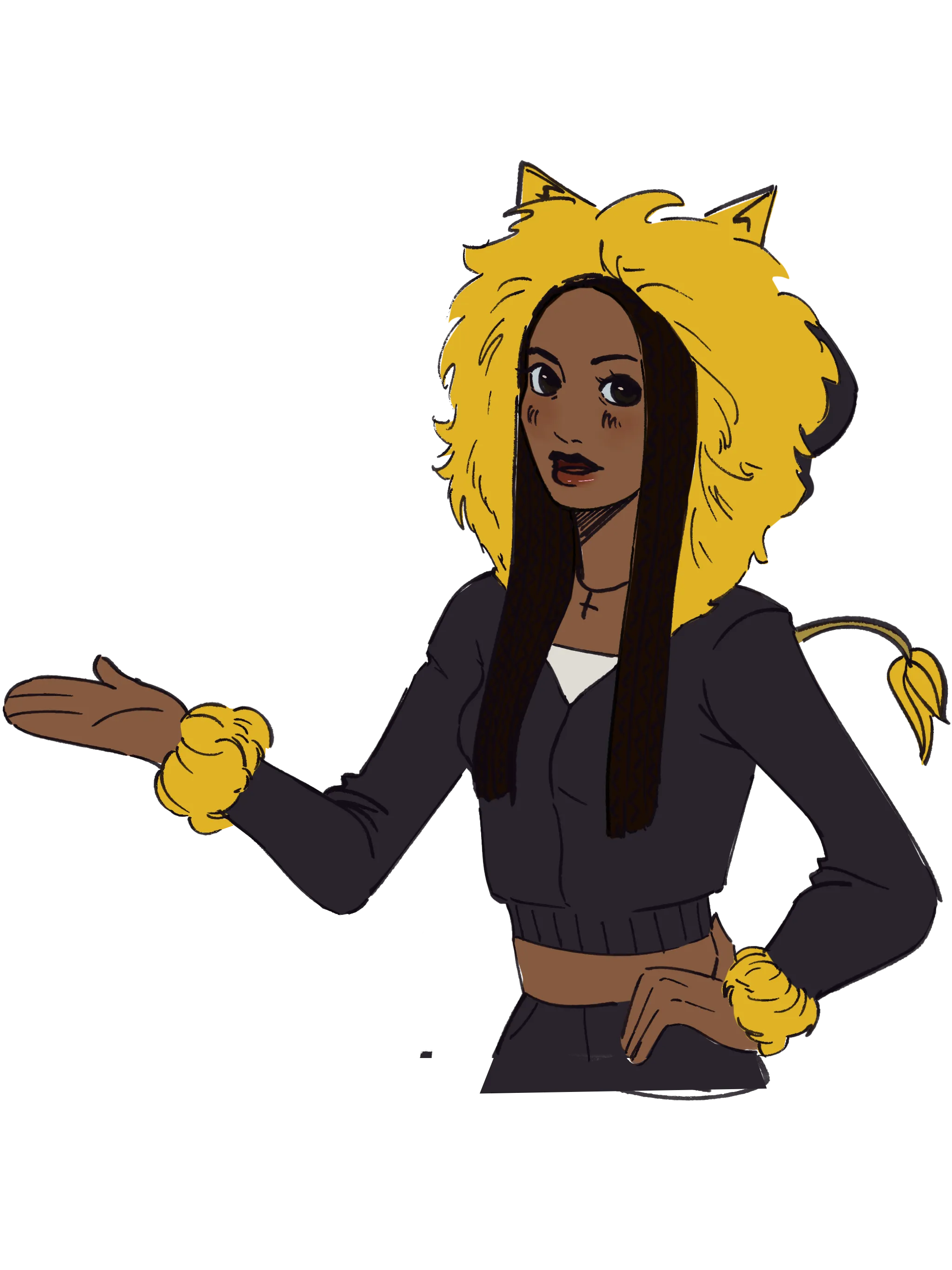 Zion's self-portrait character in a lion-mane hoodie, gesturing toward the work