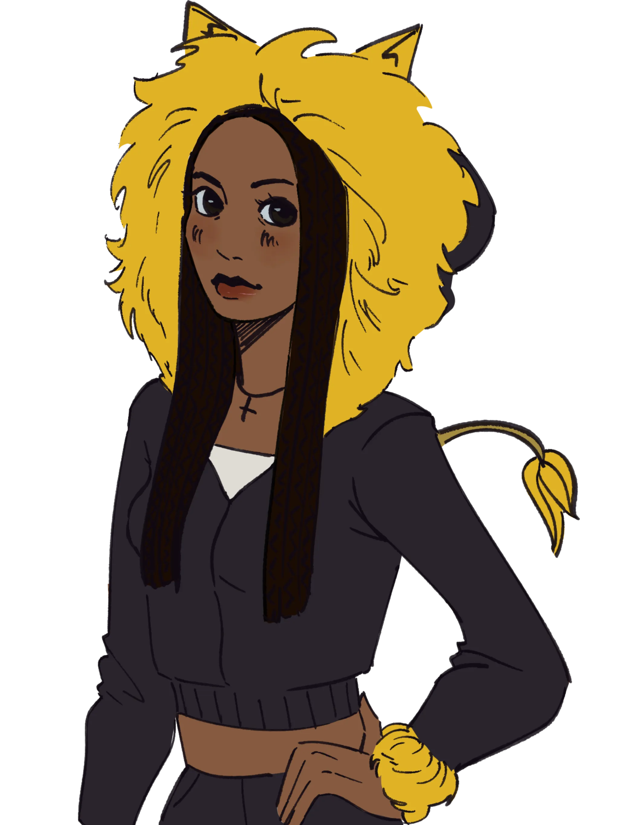 Zion's self-portrait character in a lion-mane hoodie