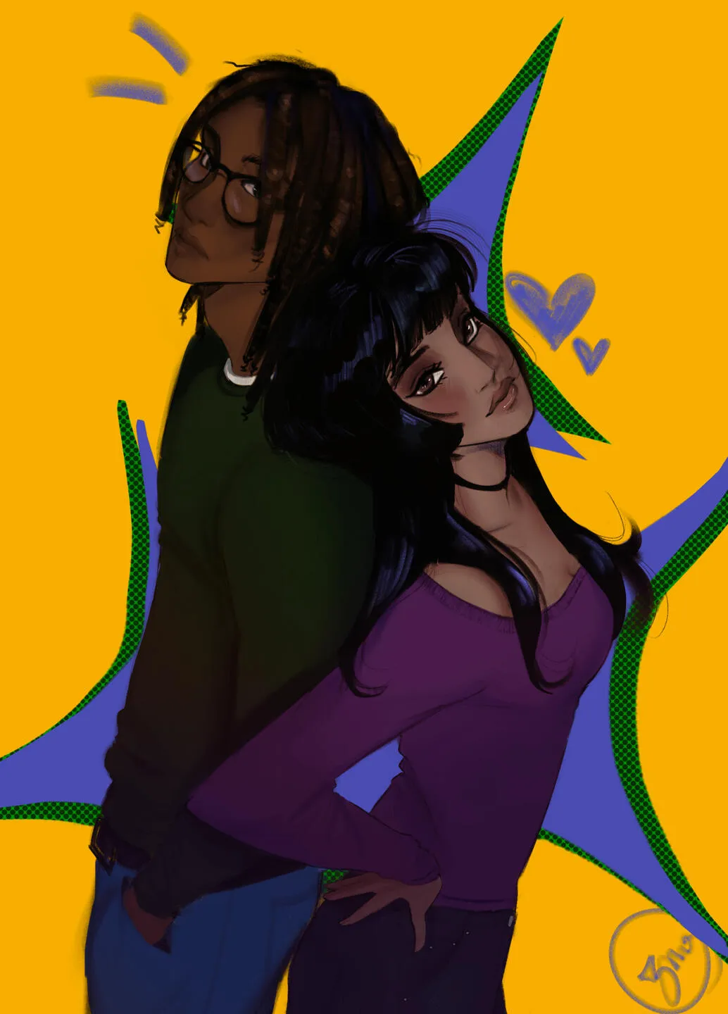Two characters back to back on a yellow background