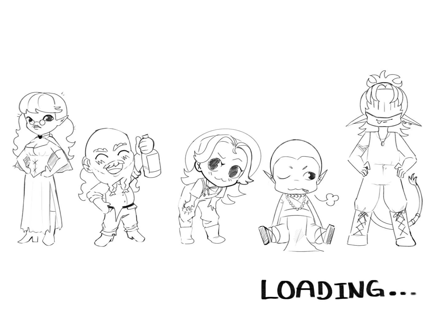 Chibi character sketches for a loading screen