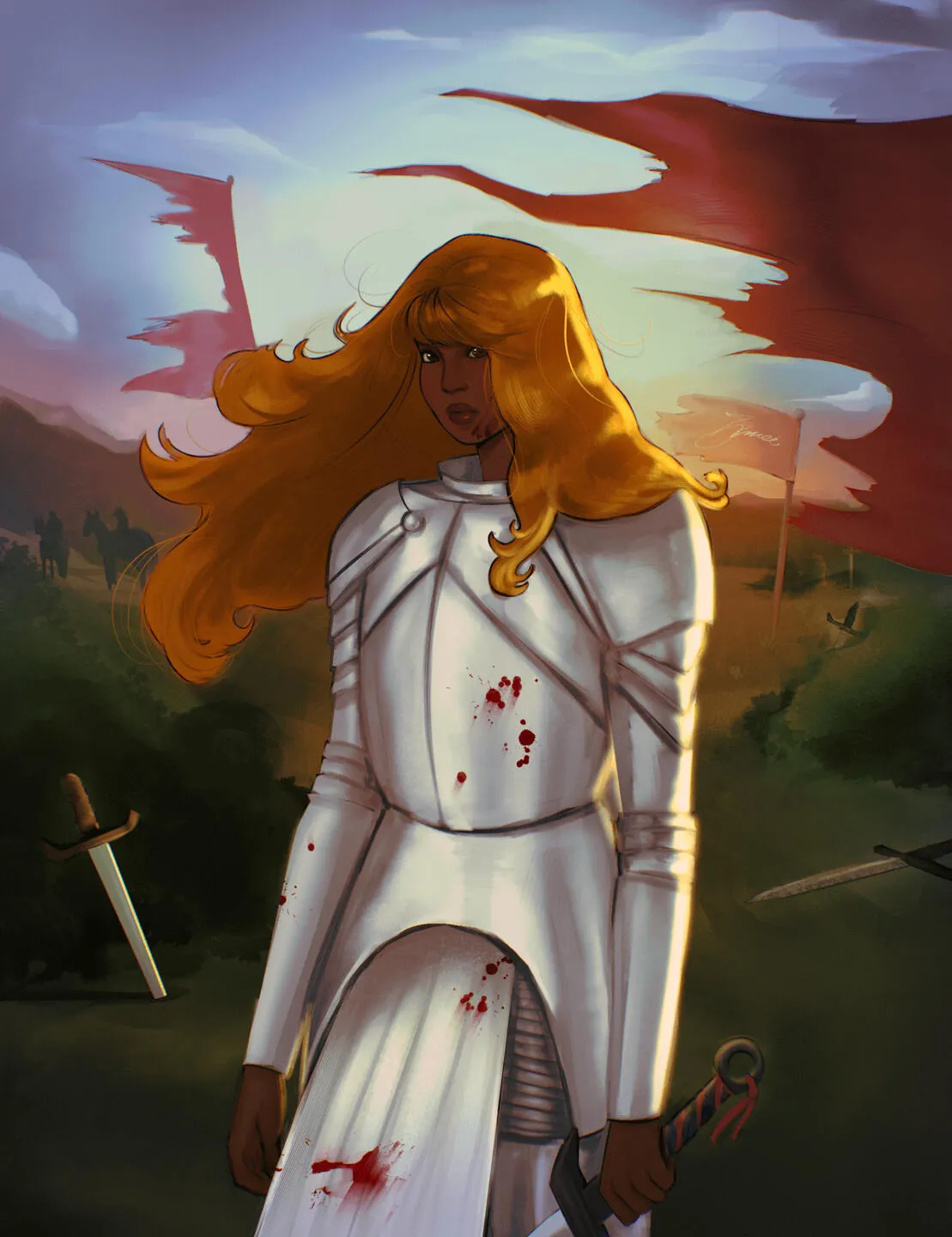 A blood-spattered paladin in white armor